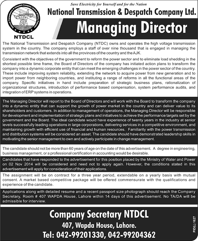 Managing Director NTDCL Jobs 2015 National Transmission & Dispatch